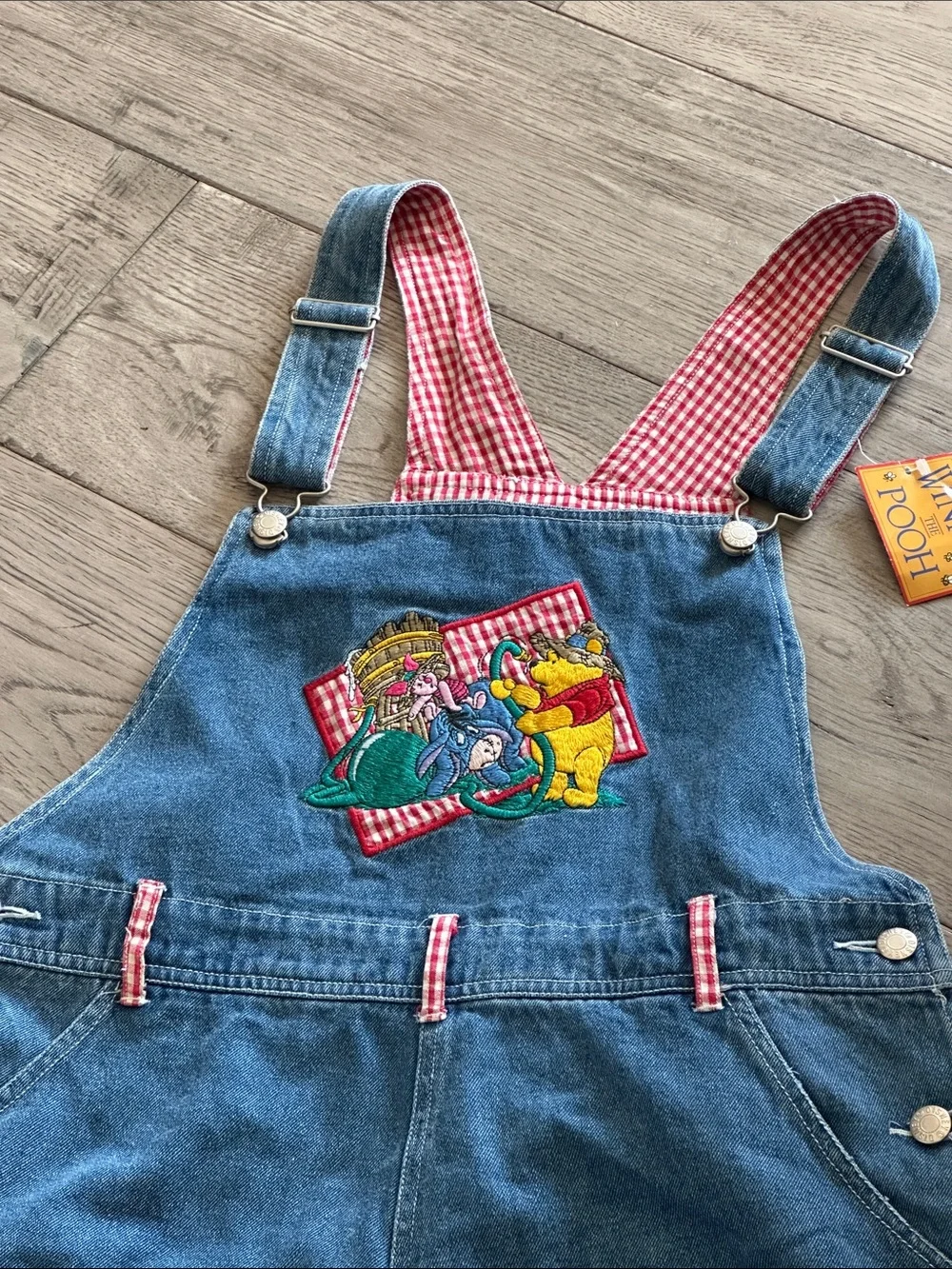 Vintage Disney Denim Overalls Shortalls w Winnie the Pooh Fruitstand Patchwork - Picture 3 of 6